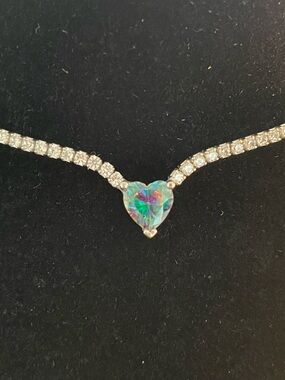 Silver Tennis Necklace with Dainty Mystic Topaz Heart Pendant - Women Jewelry
